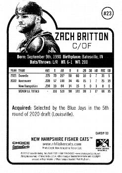 2023 Choice New Hampshire Fisher Cats #03 Zach Britton Back