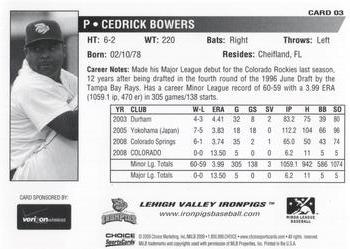 2009 Choice Lehigh Valley IronPigs SGA #3 Cedrick Bowers Back