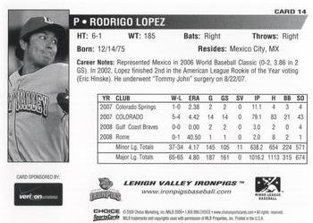2009 Choice Lehigh Valley IronPigs SGA #14 Rodrigo Lopez Back