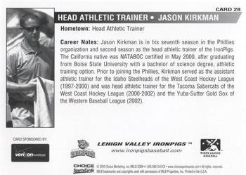 2009 Choice Lehigh Valley IronPigs SGA #28 Jason Kirkman Back