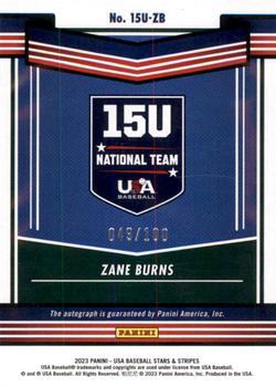 2023 Panini USA Baseball Stars & Stripes - 15U National Team Signatures Holo #15U-ZB Zane Burns Back