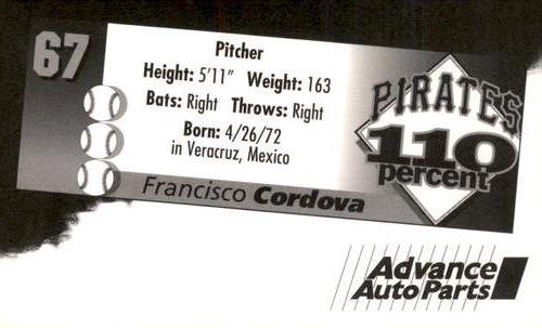1996 Advance Auto Parts Pittsburgh Pirates #NNO Francisco Cordova Back