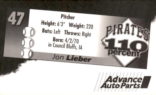 1996 Advance Auto Parts Pittsburgh Pirates #NNO Jon Lieber Back