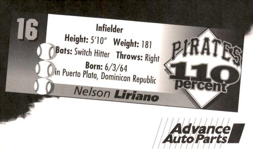 1996 Advance Auto Parts Pittsburgh Pirates #NNO Nelson Liriano Back