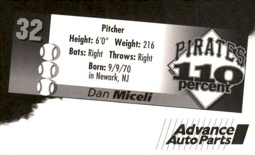 1996 Advance Auto Parts Pittsburgh Pirates #NNO Dan Miceli Back