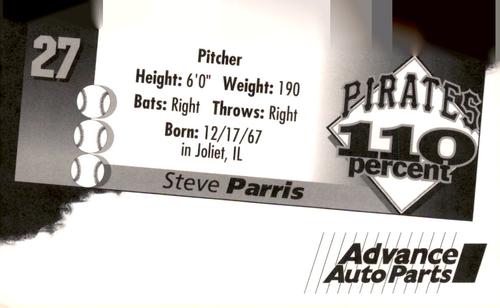 1996 Advance Auto Parts Pittsburgh Pirates #NNO Steve Parris Back