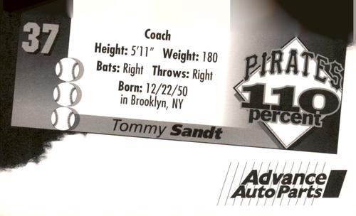 1996 Advance Auto Parts Pittsburgh Pirates #NNO Tommy Sandt Back