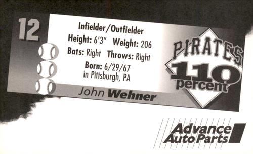 1996 Advance Auto Parts Pittsburgh Pirates #NNO John Wehner Back