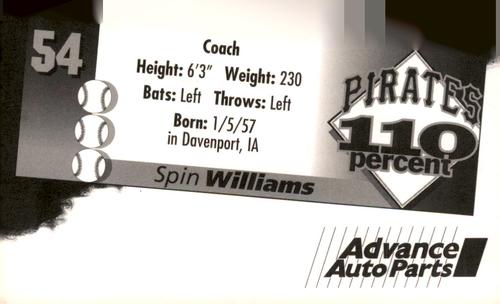 1996 Advance Auto Parts Pittsburgh Pirates #NNO Spin Williams Back