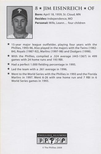 2009 Philadelphia Phillies Alumni Photo Cards #NNO Jim Eisenreich Back