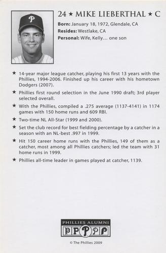 2009 Philadelphia Phillies Alumni Photo Cards #NNO Mike Lieberthal Back