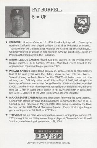 2010-22 Philadelphia Phillies Alumni Photo Cards #NNO Pat Burrell Back