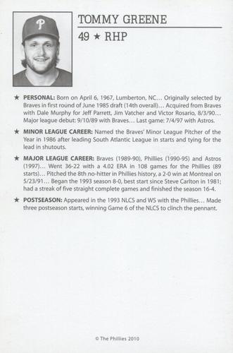 2010-22 Philadelphia Phillies Alumni Photo Cards #NNO Tommy Greene Back