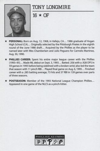 2010-22 Philadelphia Phillies Alumni Photo Cards #NNO Tony Longmire Back