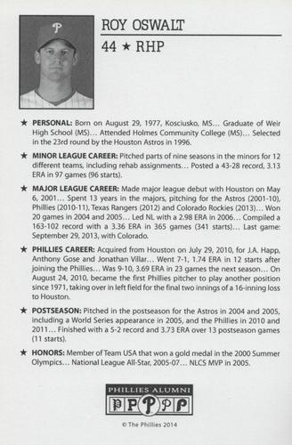 2010-22 Philadelphia Phillies Alumni Photo Cards #NNO Roy Oswalt Back