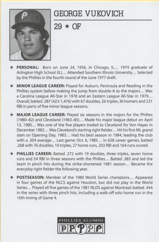2010-22 Philadelphia Phillies Alumni Photo Cards #NNO George Vukovich Back