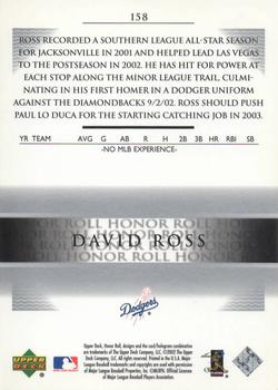 2002 Upper Deck Rookie Debut - 2002 Upper Deck Honor Roll Update #158 David Ross Back