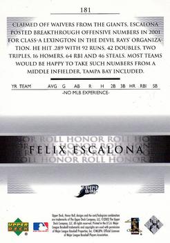 2002 Upper Deck Rookie Debut - 2002 Upper Deck Honor Roll Update #181 Felix Escalona Back