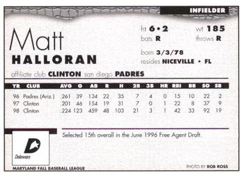 1998 Delaware Stars #NNO Matt Halloran Back
