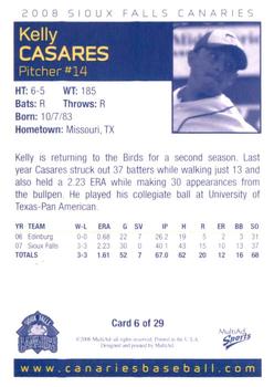 2008 MultiAd Sioux Falls Canaries #6 Kelly Casares Back