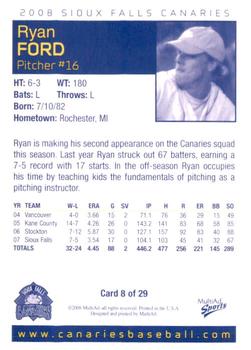 2008 MultiAd Sioux Falls Canaries #8 Ryan Ford Back