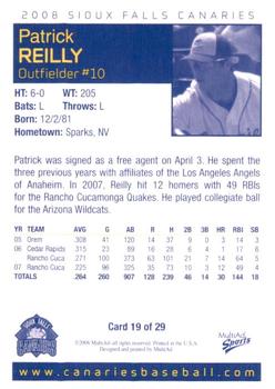 2008 MultiAd Sioux Falls Canaries #19 Patrick Reilly Back