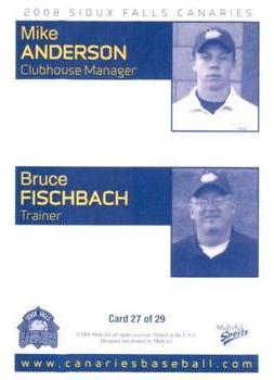 2008 MultiAd Sioux Falls Canaries #27 Mike Anderson / Bruce Fischbach Back
