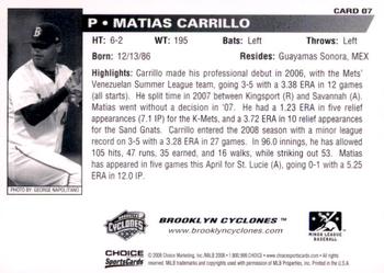 2008 Choice Brooklyn Cyclones #07 Matias Carrillo Back