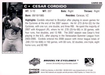 2008 Choice Brooklyn Cyclones #09 Cesar Cordido Back