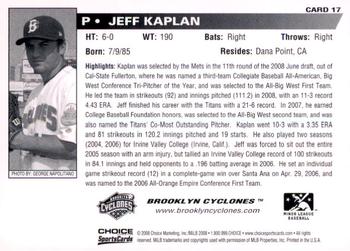 2008 Choice Brooklyn Cyclones #17 Jeff Kaplan Back
