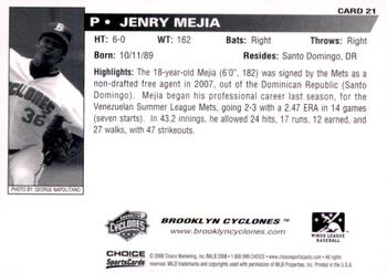 2008 Choice Brooklyn Cyclones #21 Jenry Mejia Back