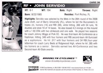 2008 Choice Brooklyn Cyclones #30 John Servidio Back