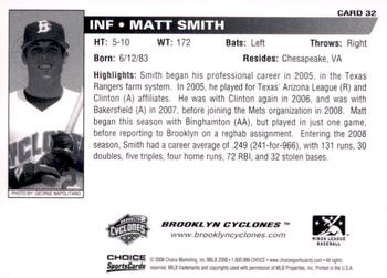 2008 Choice Brooklyn Cyclones #32 Matt Smith Back