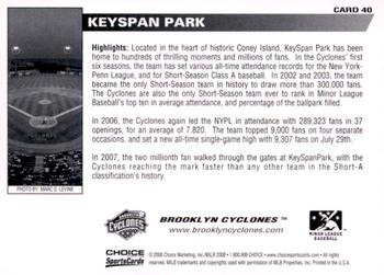 2008 Choice Brooklyn Cyclones #40 KeySpan Park Back