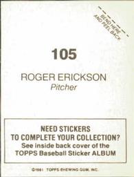 1981 Topps Stickers #105 Roger Erickson Back