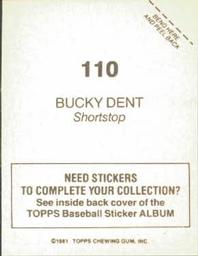 1981 Topps Stickers #110 Bucky Dent Back