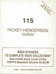 1981 Topps Stickers #115 Rickey Henderson Back