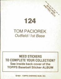 1981 Topps Stickers #124 Tom Paciorek Back