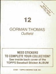1981 Topps Stickers #12 Gorman Thomas Back