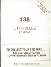 1981 Topps Stickers #138 Otto Velez Back