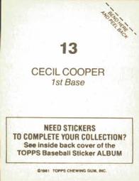 1981 Topps Stickers #13 Cecil Cooper Back