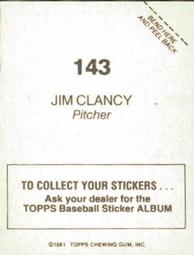 1981 Topps Stickers #143 Jim Clancy Back