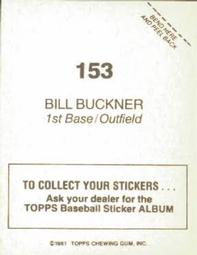 1981 Topps Stickers #153 Bill Buckner Back