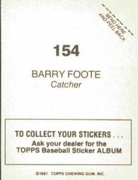 1981 Topps Stickers #154 Barry Foote Back