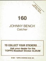 1981 Topps Stickers #160 Johnny Bench Back