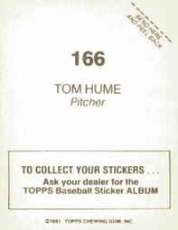 1981 Topps Stickers #166 Tom Hume Back
