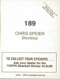1981 Topps Stickers #189 Chris Speier Back