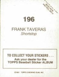 1981 Topps Stickers #196 Frank Taveras Back