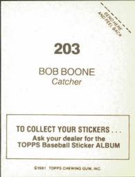 1981 Topps Stickers #203 Bob Boone Back