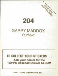 1981 Topps Stickers #204 Garry Maddox Back